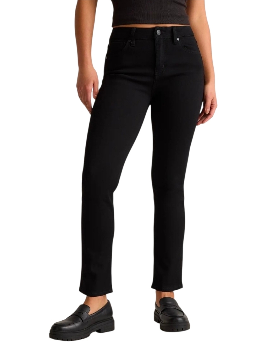 Quince Luna Stretch Mid Rise Slim Straight Jeans Ankle Length Black 27
